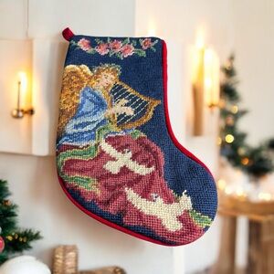 Vintage Tapestry Needlepoint Angel Christmas Stocking Doves Flowers Harp 12”Tall